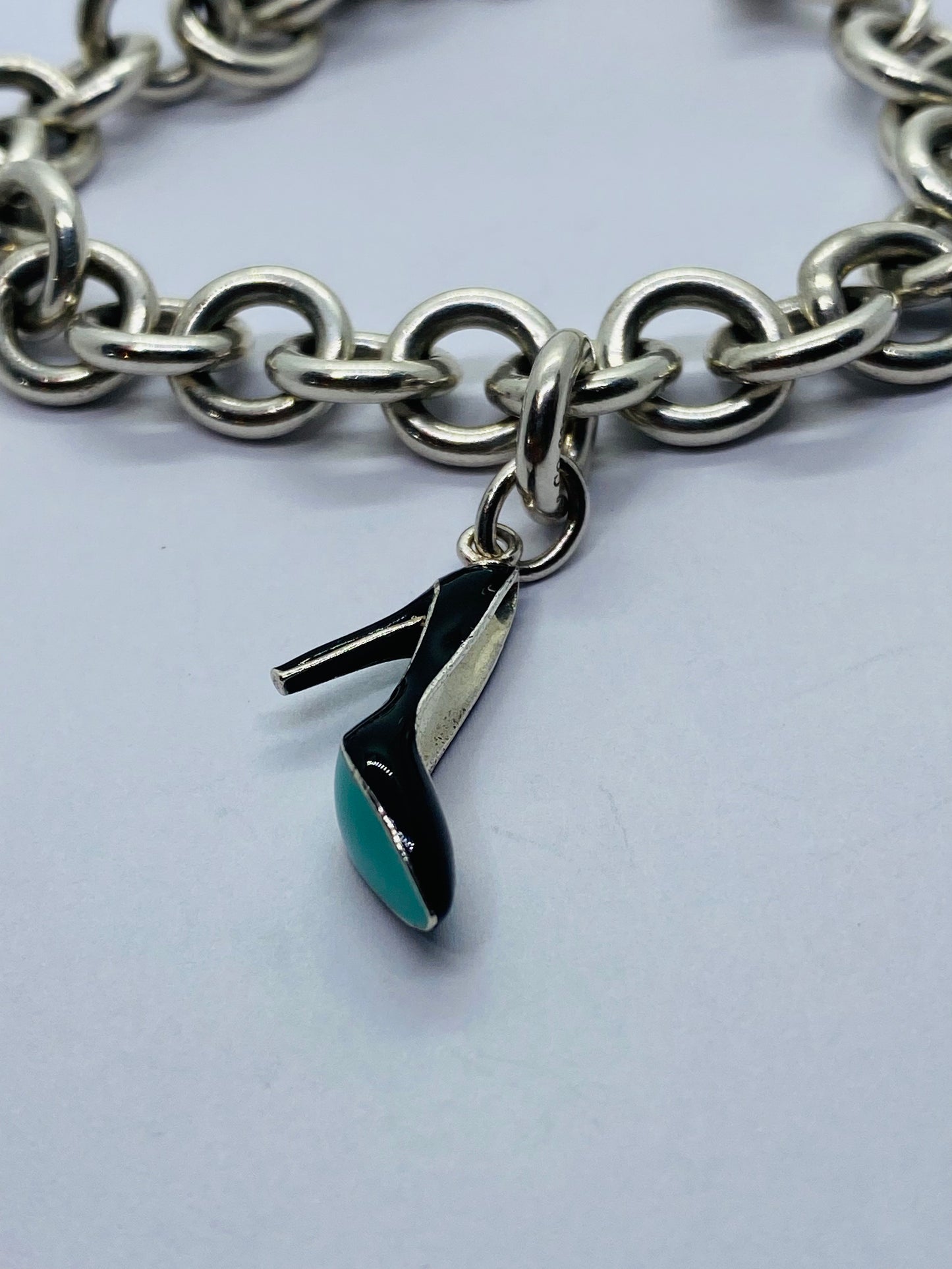 Tiffany & Co Silver Enamel Blue Black Enamel Heel Shoe Charm Pump Bracelet 7.5”