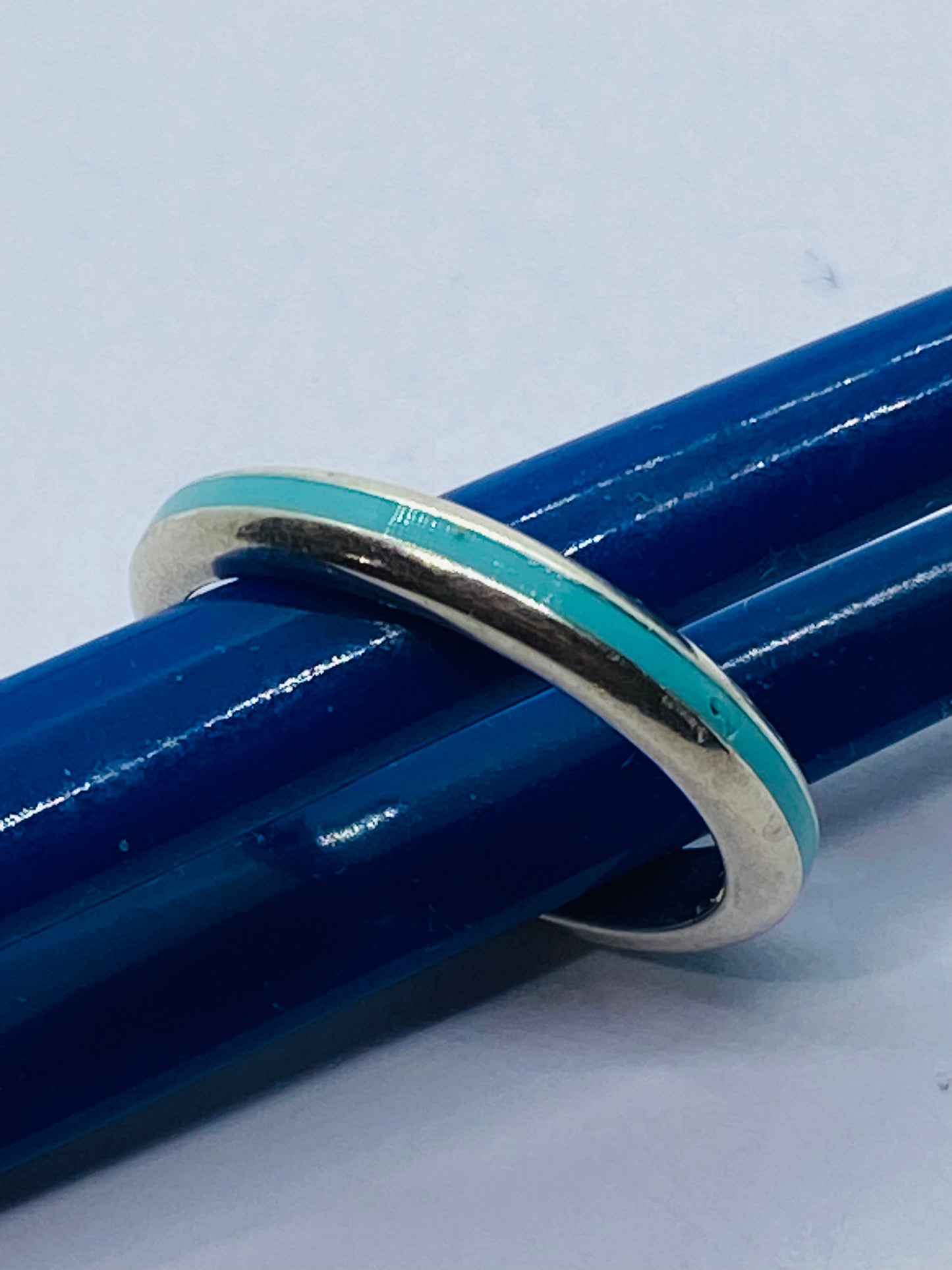Tiffany & Co. Sterling Silver Blue Enamel Narrow Band Ring Pre-Loved Size 5.25