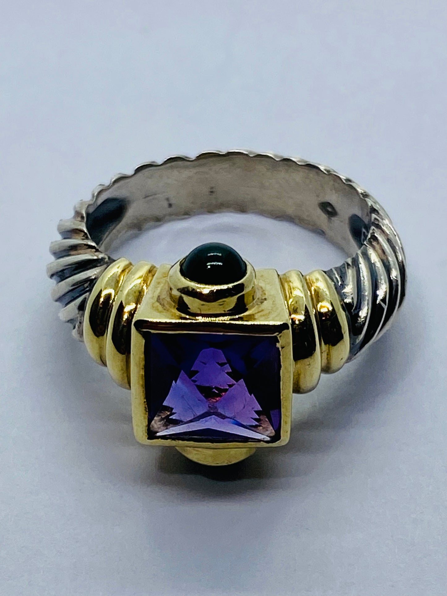 David Yurman 925 14K Gold Renaissance Cable Ring Amethyst Green Onyx  Sz 7.75