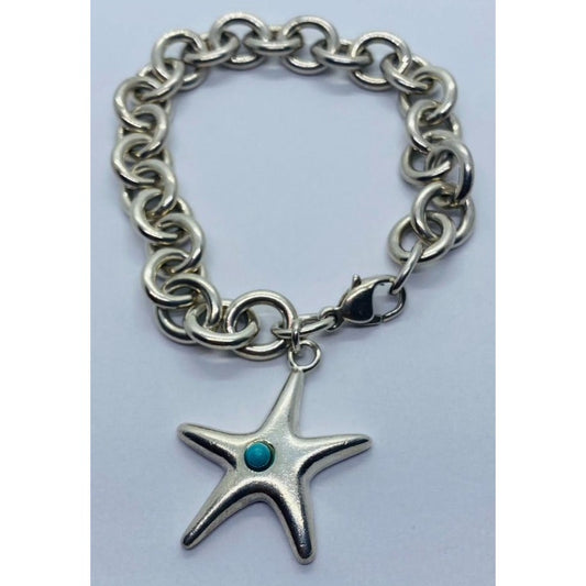 Tiffany & Co Sterling Silver Starfish Turquoise Round Link Bracelet Authentic