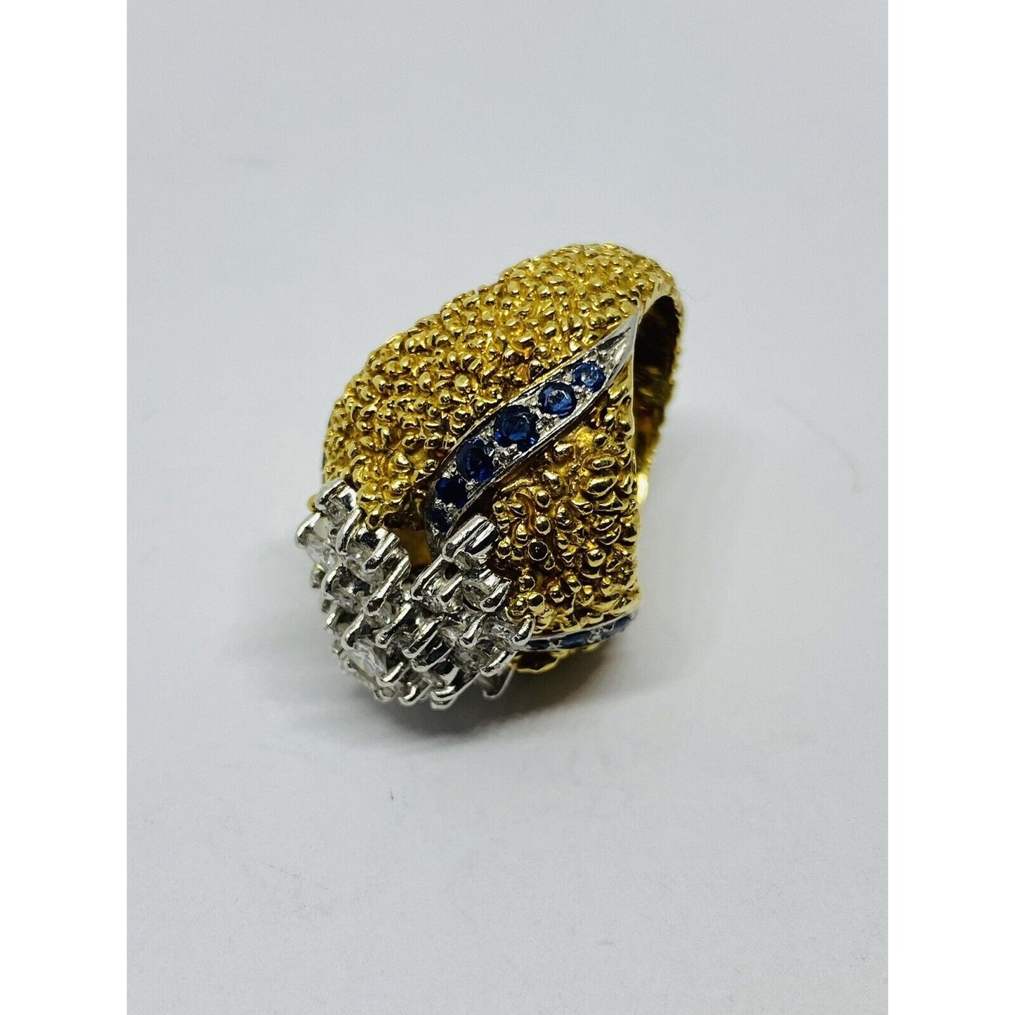 Heavy 18k Two Tone Gold 2.28TCW  VS Diamond Sapphire Cluster Texture Dome Ring