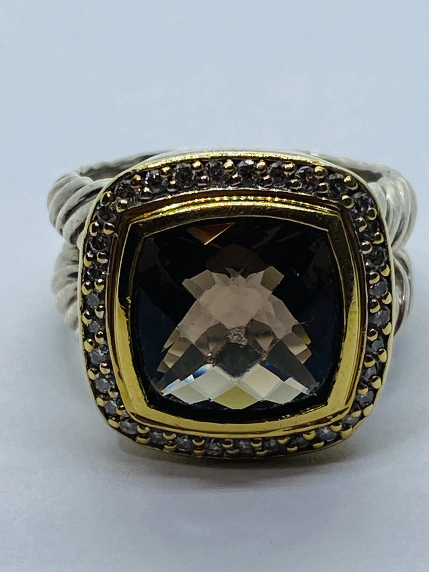 David Yurman Silver 925 & 18k Gold Albion 11mm Smoky Topaz Diamond Ring Sz 6.25