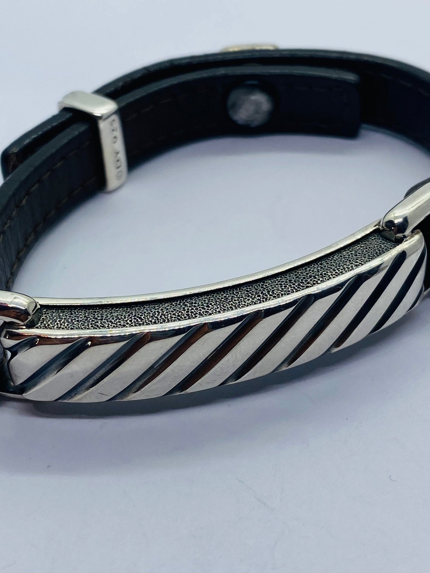 David Yurman Sterling Silver Modern Leather Striped ID Bracelet Brown 39.1 Grams