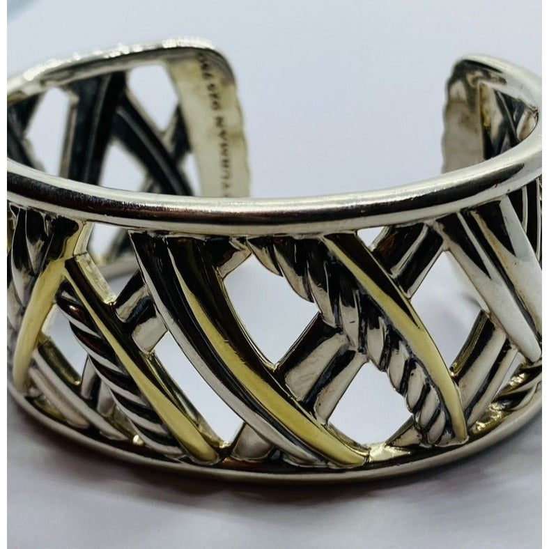 David Yurman Sterling Silver 18k Gold Papyrus Two Tone Wide Cuff Bangle Bracelet