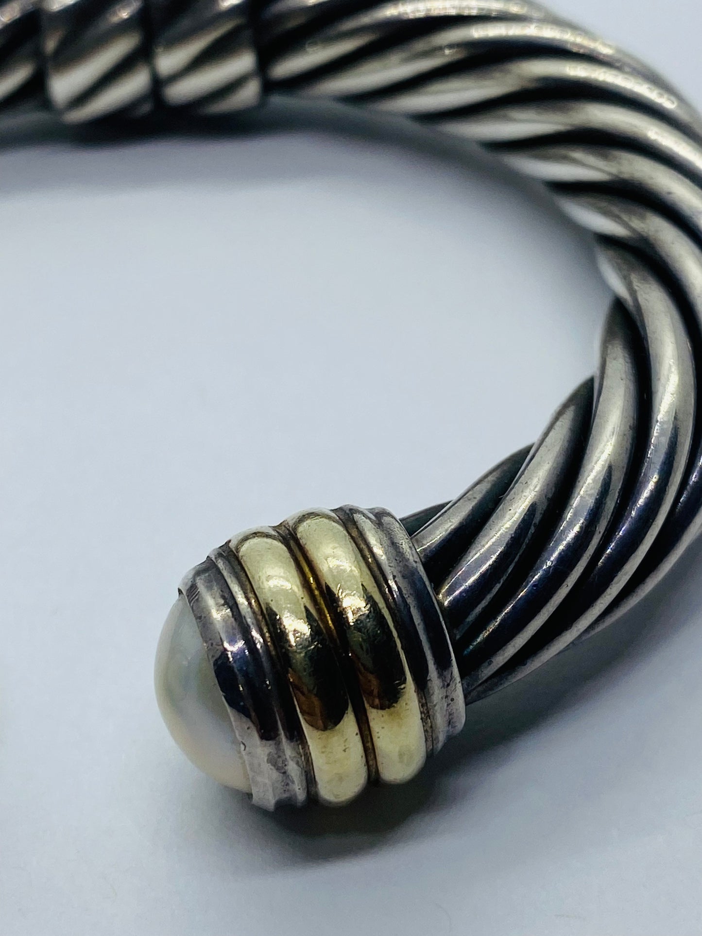 DAVID YURMAN STERLING SILVER 14K 10MM MABE PEARL HINGED CUFF BRACELET RARE 6.25”