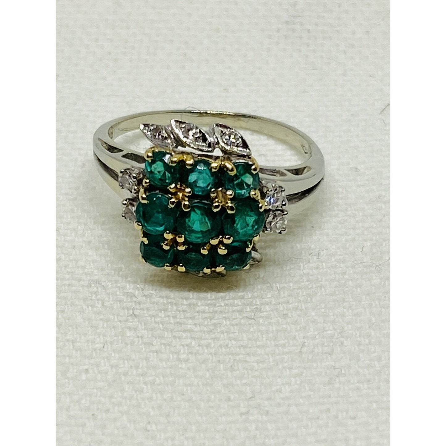 Vintage Diamond Emerald 18K White And Yellow Gold Cluster Ring