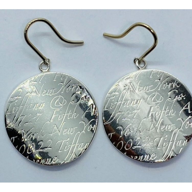Tiffany & Co. Round Disc Notes Script Drop Dangle Love Earrings Silver
