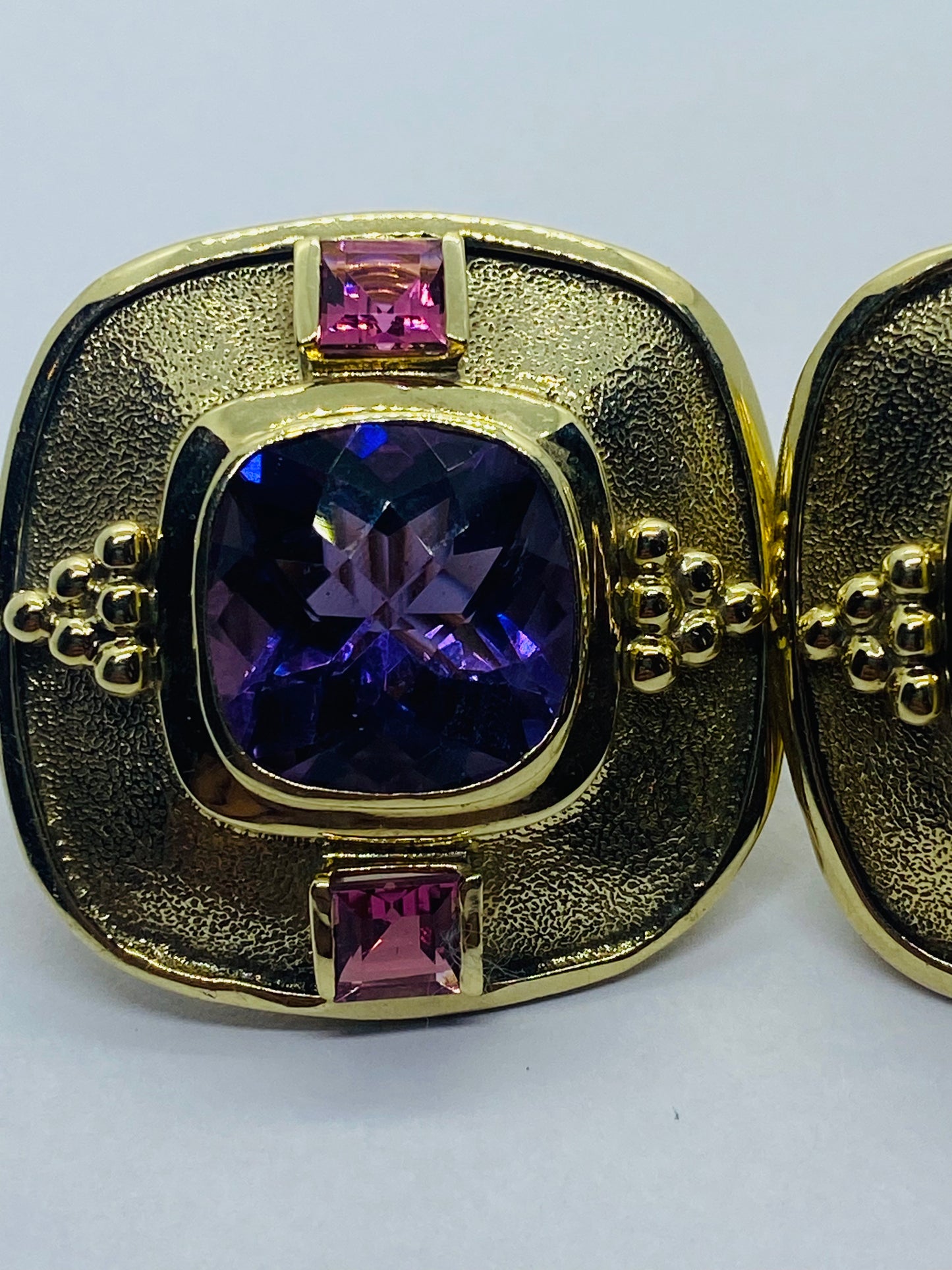 David Yurman 14k Yellow Gold Amethyst Pink Stone French Clip Earrings PIERCED