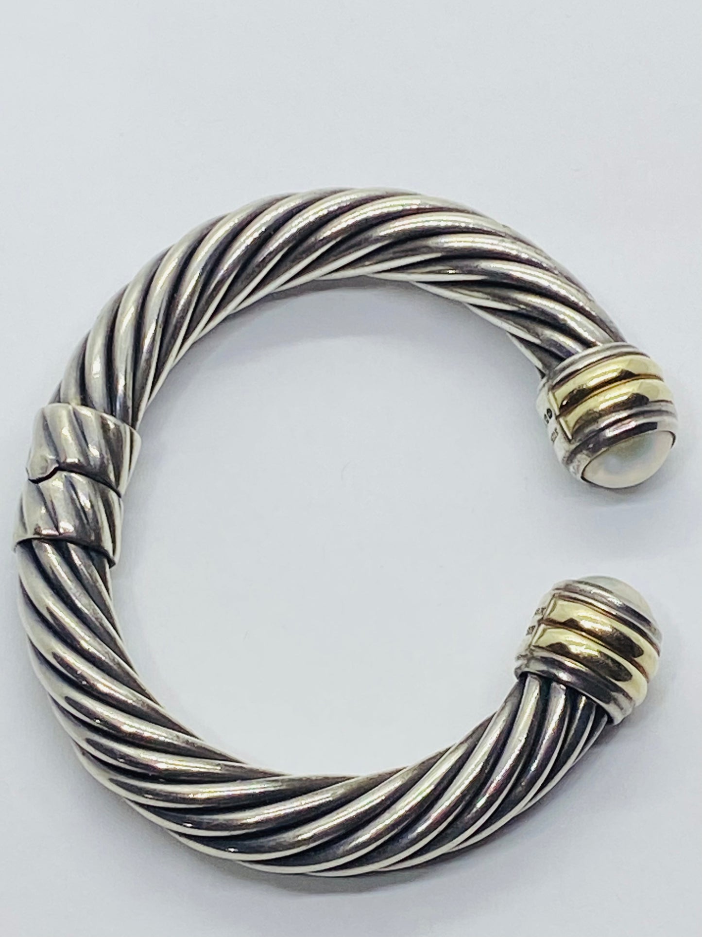 DAVID YURMAN STERLING SILVER 14K 10MM MABE PEARL HINGED CUFF BRACELET RARE 6.25”