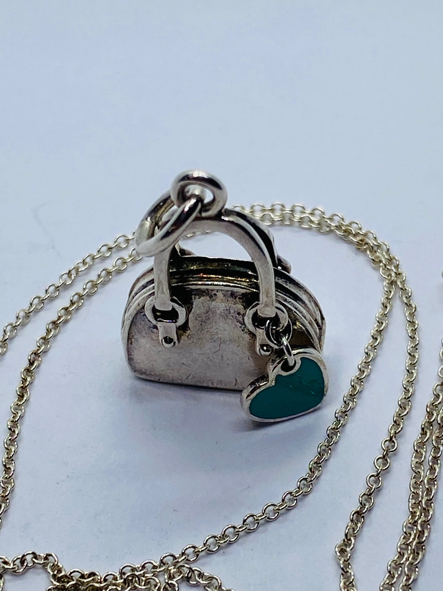 Tiffany & Co. Sterling Silver Handbag and Enamel Heart Italy  Pendant Necklace