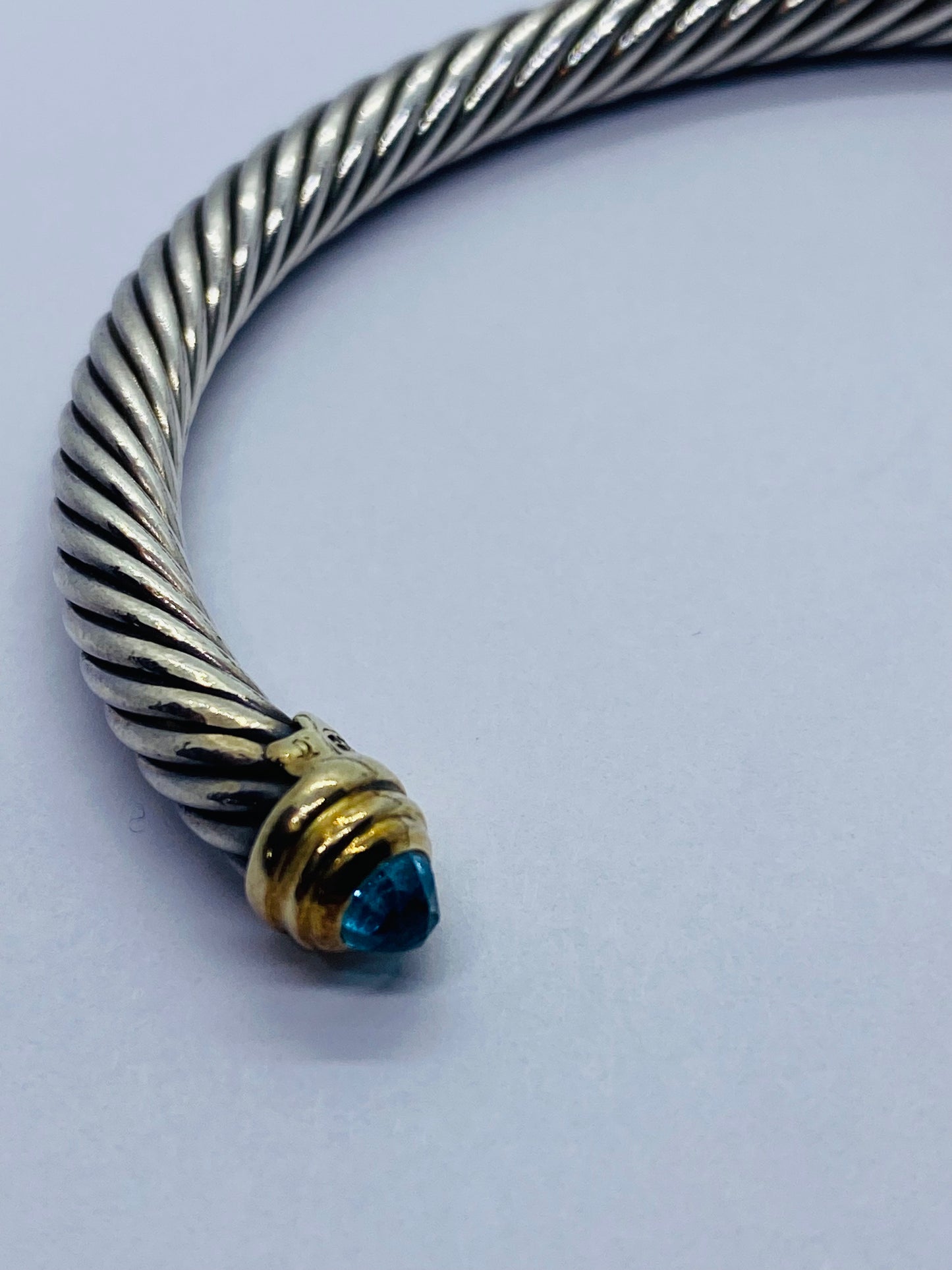 David Yurman Sterling Silver 14k Gold 5mm Cable Bangle Cuff Blue Topaz Bracelet