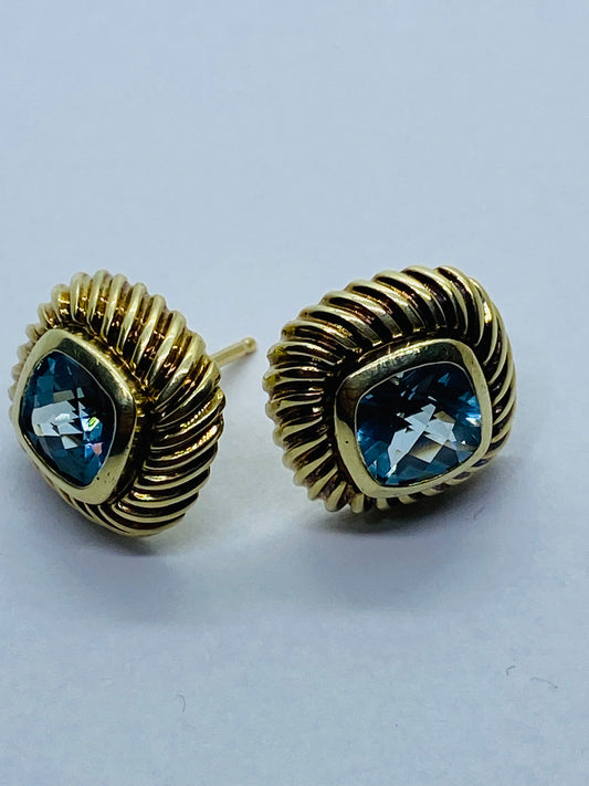 David Yurman 18k 750 14k 585 Yellow Solid Gold Blue Topaz Albion Earrings