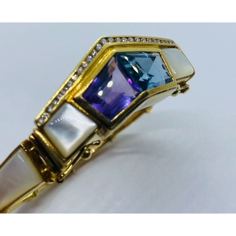 Denoir Diamond MOP Amethyst Topaz 18K Gold Chevron Bracelet 33.8 Grams