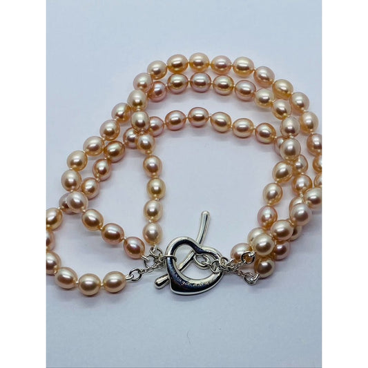 Tiffany & co. Elsa Peretti 3 Row Pink Pearl Heart Silver 925 Bracelet 7.5"