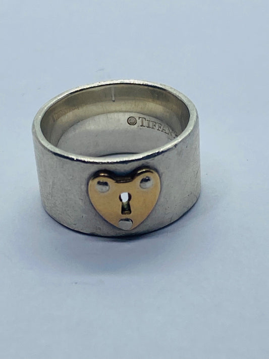 Tiffany & Co. Keyhole Heart Lock Rose Gold Sterling Silver Ring Band Size 4