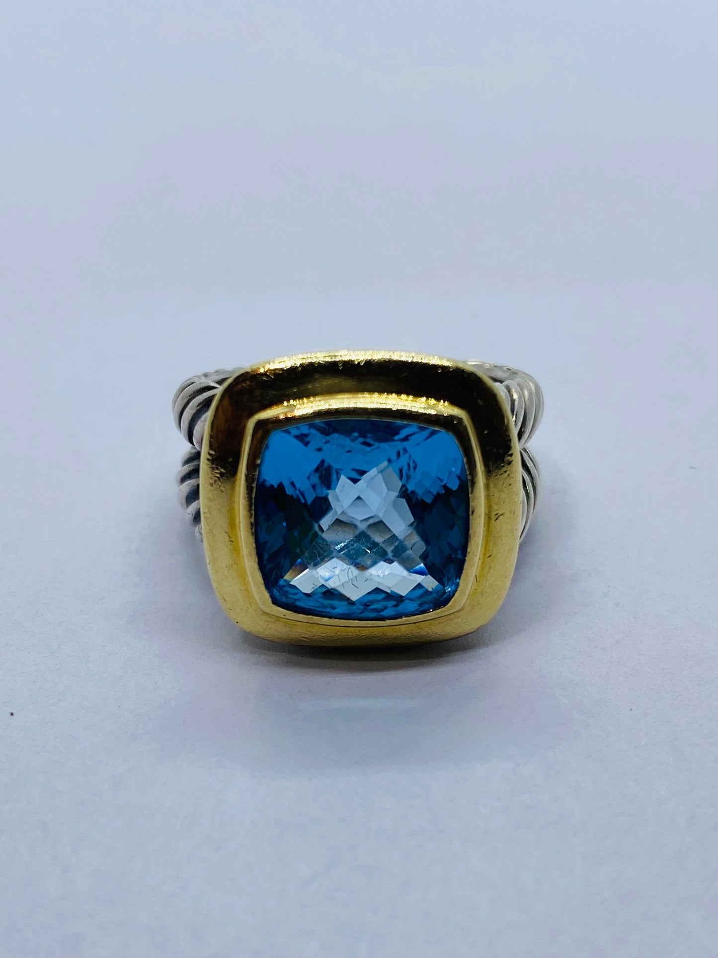 David Yurman Split Shank Sterling Silver & 18K W 11mm Blue Topaz Ring Sz 6