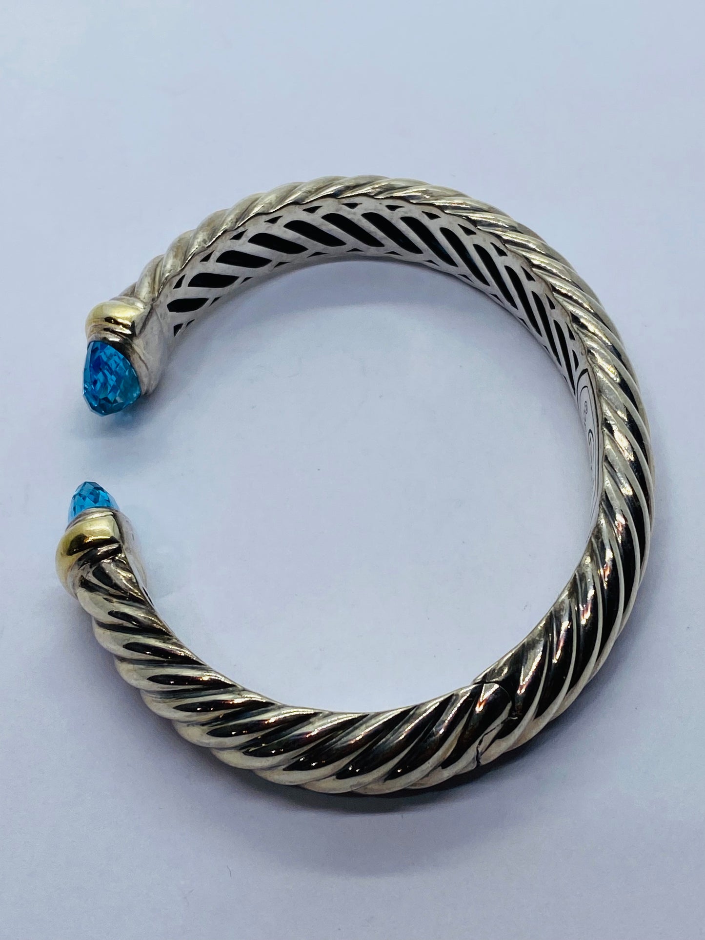 David Yurman 10.5mm Silver & 18k Gold Waverly Cable Cuff Bracelet Blue Topaz