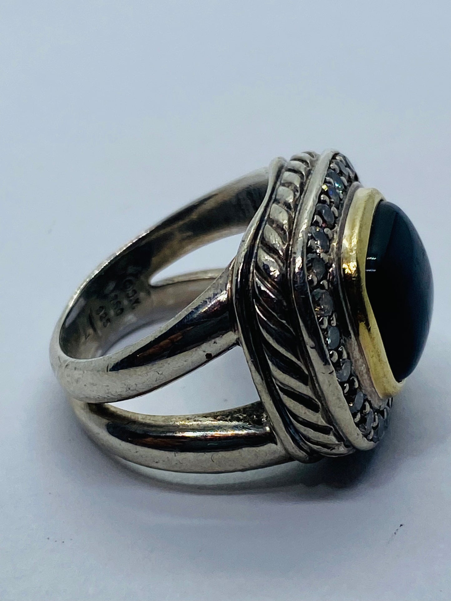 David Yurman Albion Diamond 1.25CT Onyx 18k Gold 925 Silver Ring Size 6.5 RARE