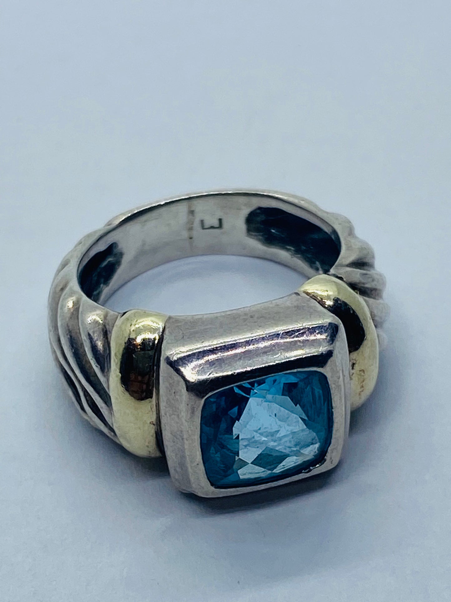 David Yurman Albion Sterling Silver & 14K Yellow Gold Blue Topaz Ring - Size 5