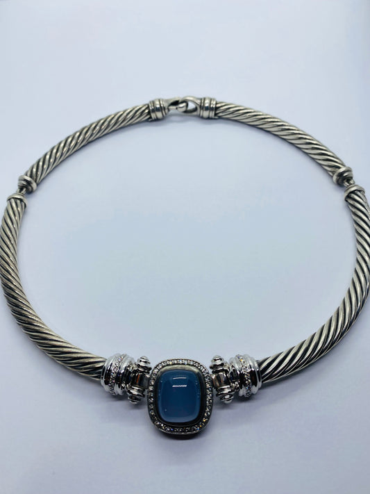 David Yurman 18K White Gold & 925 SS Chalcedony & Diamonds Noblesse Necklace 7MM