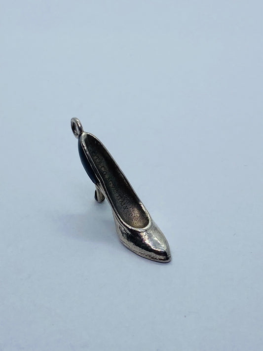 Tiffany & Co Silver Enamel Blue Black Enamel Plum Heel Shoe Charm Pump. Pouch
