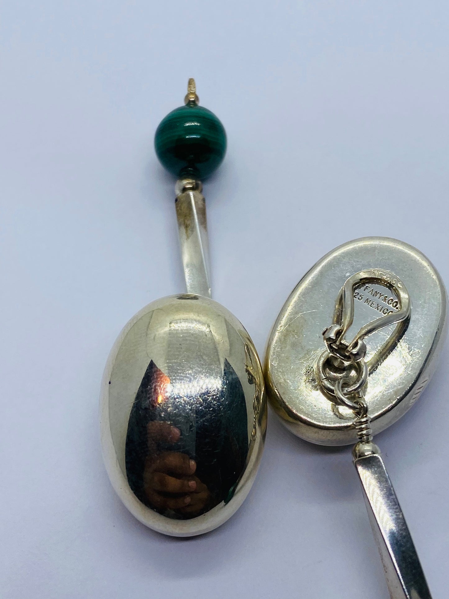 Tiffany & Co.  Sterling Silver Huge Malachite Drop Dangle Clip Earrings