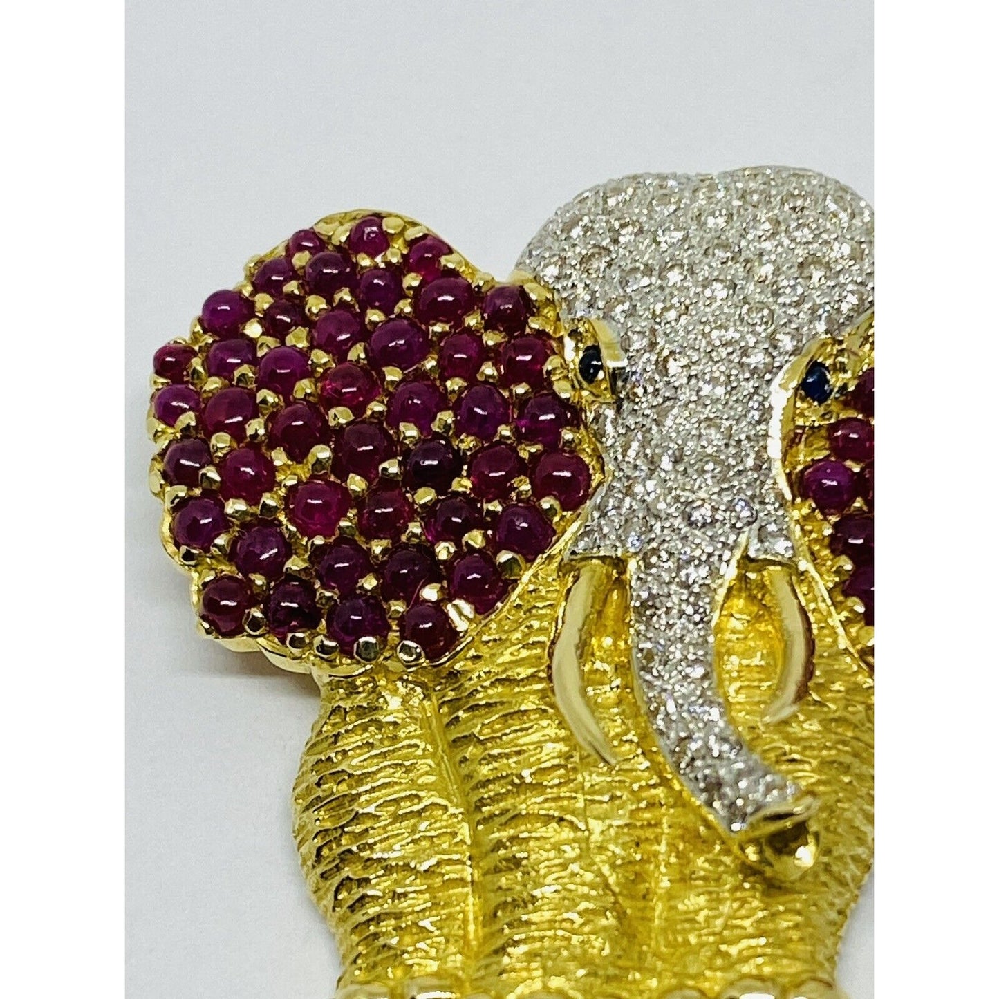 18k Solid Yellow Gold Elephant Brooch Pin With Natural Rubies Diamonds Sapphire