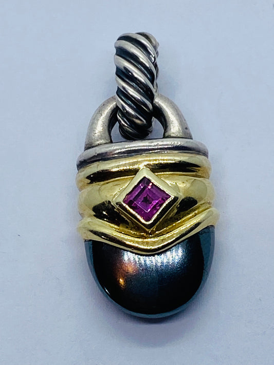 David Yurman Pink Tourmaline Hematite  Renaissance Pendant in 14k Gold 925