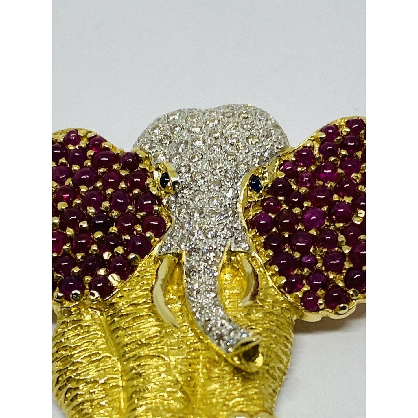 18k Solid Yellow Gold Elephant Brooch Pin With Natural Rubies Diamonds Sapphire