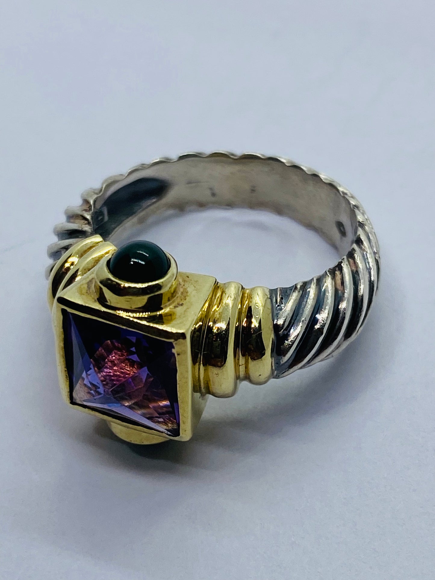 David Yurman 925 14K Gold Renaissance Cable Ring Amethyst Green Onyx  Sz 7.75