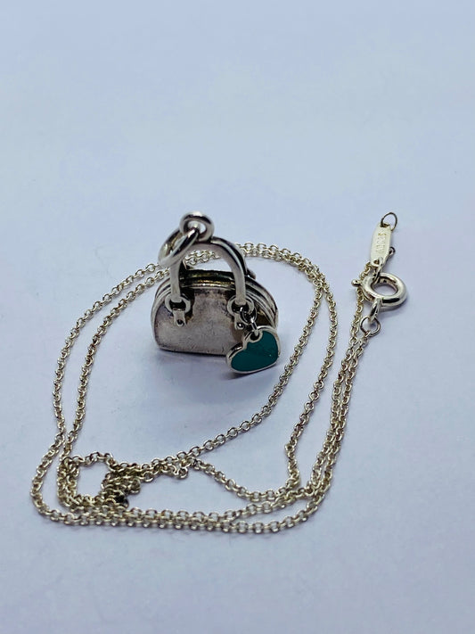 Tiffany & Co. Sterling Silver Handbag and Enamel Heart Italy  Pendant Necklace