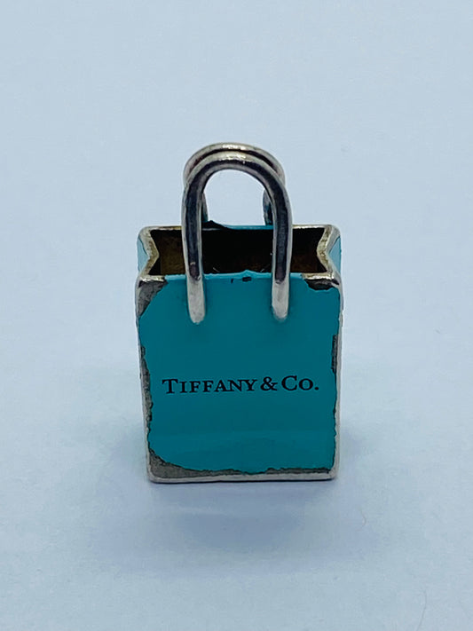 Tiffany & Co Sterling Silver Blue Enamel Shopping Bag Charm Pendant Pouch