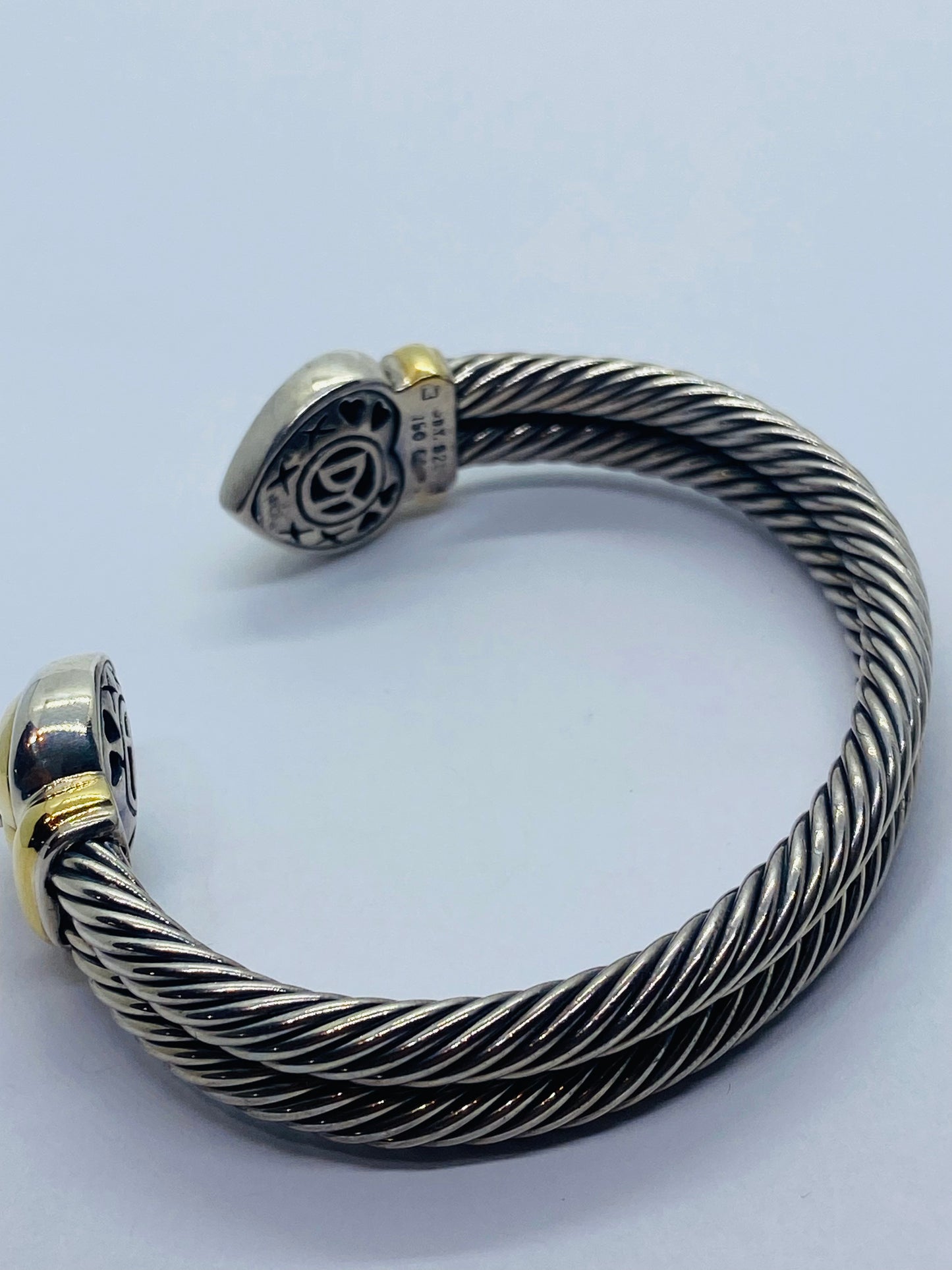 David Yurman DY 18K & 14K Sterling Silver Heart Cable Heavy Cuff Bracelet