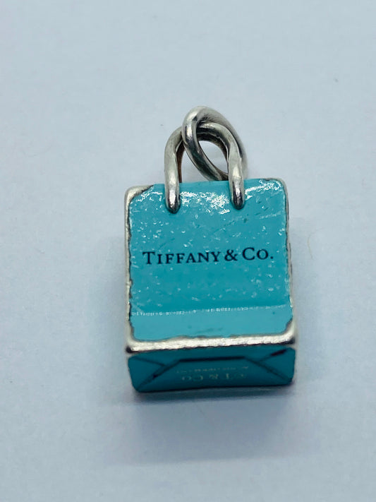 Tiffany & Co Sterling Silver Blue Enamel Shopping Bag Charm Pendant