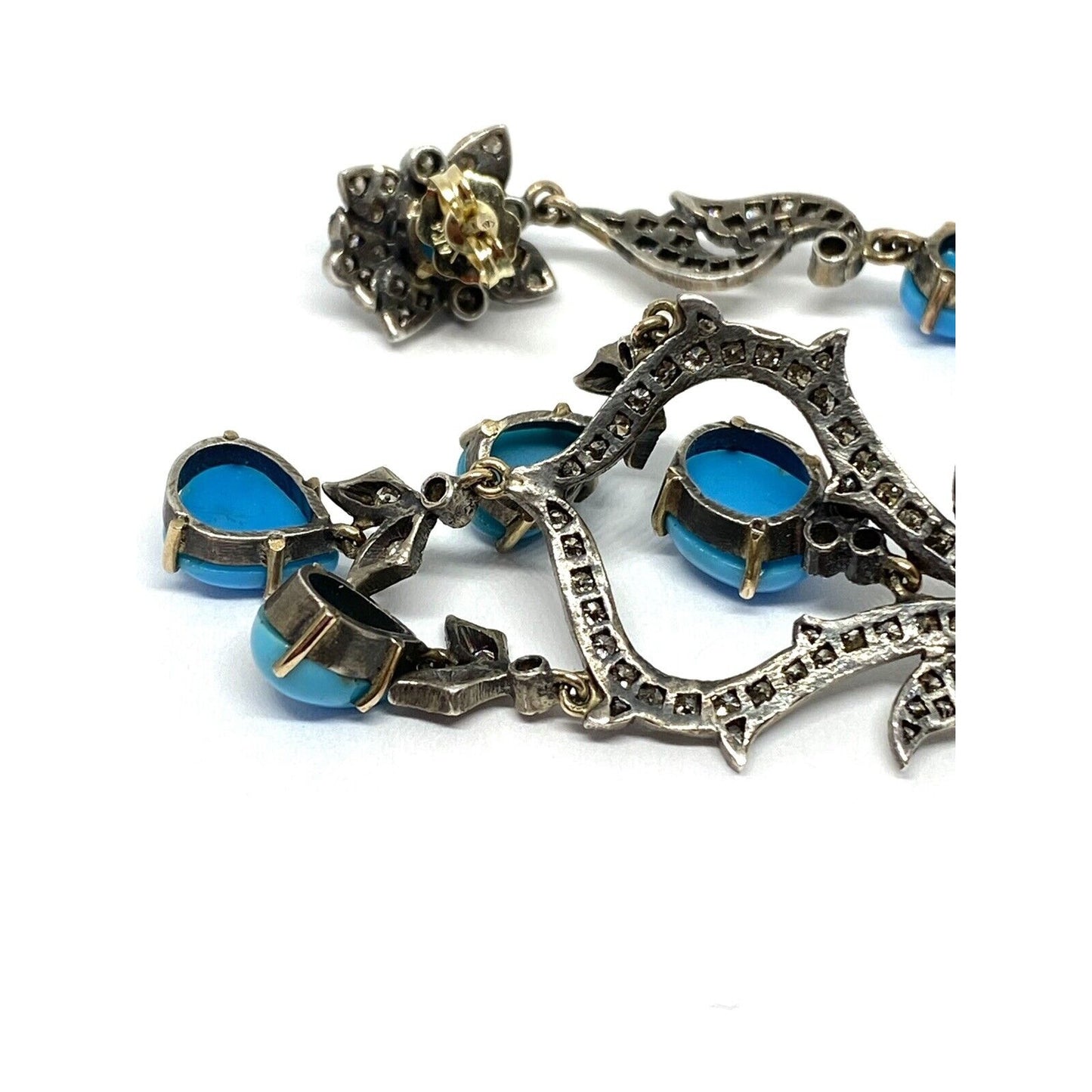 Diamond Turquoise Silver 14K Gold Filigree Long Drop Earrings 16.9 Mint!