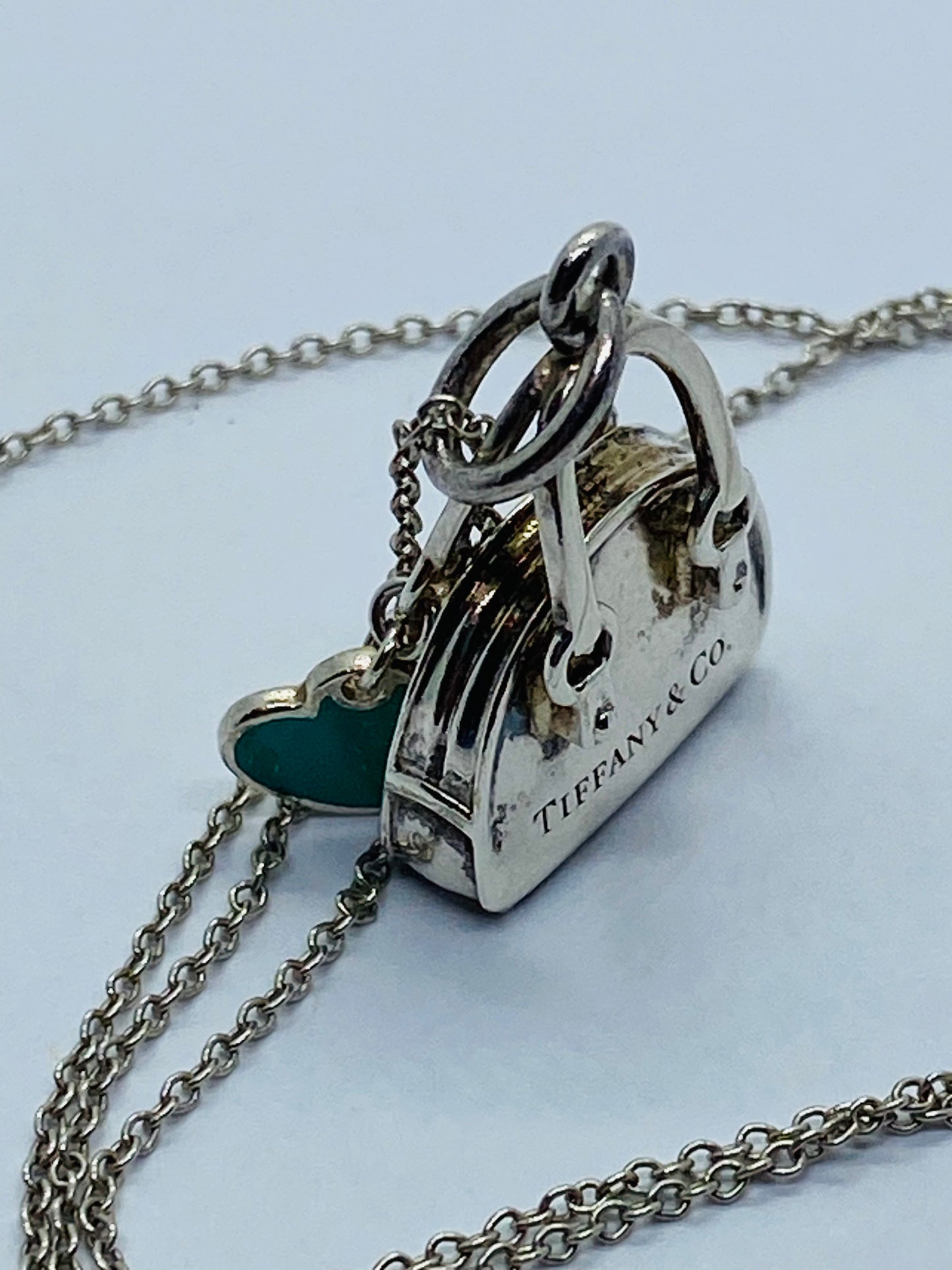 Tiffany & Co. Sterling Silver Handbag and Enamel Heart Italy  Pendant Necklace