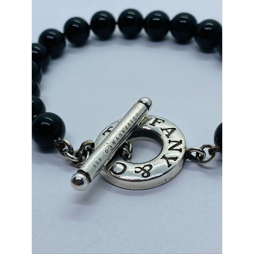 Tiffany & Co Bracelet Black Onyx Beads 925 Polished Sterling Silver Toggle Clasp