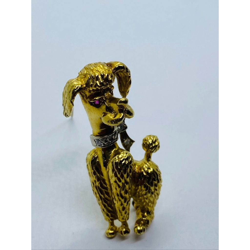 Signed Diamond Ruby 18K Gold Textured Poodle Dog Pin 15.3 Grams