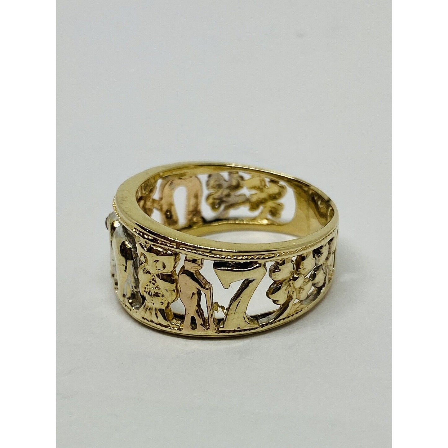 14K Solid Gold 10MM Wide Tri Color Good Luck Lucky Ring.  8.25 Ruby White Topaz