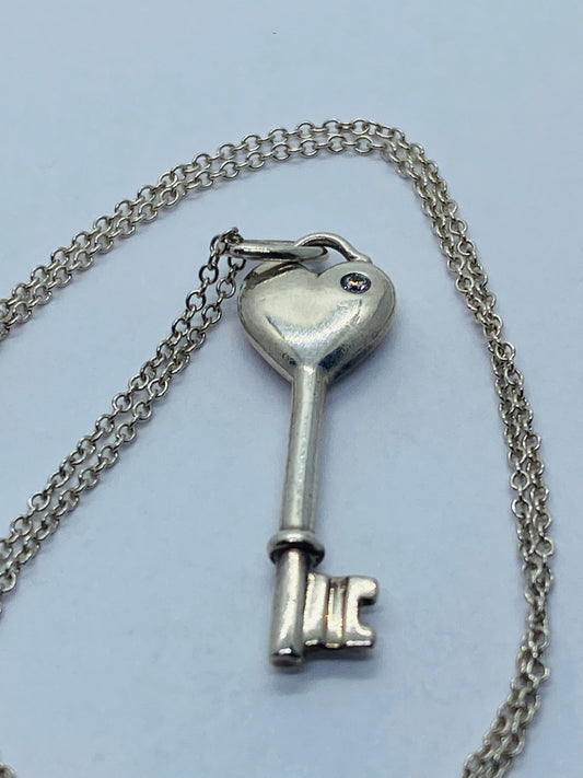 Tiffany & Co Silver Diamond Key Heart Pendant Charm T & Co 16.5”