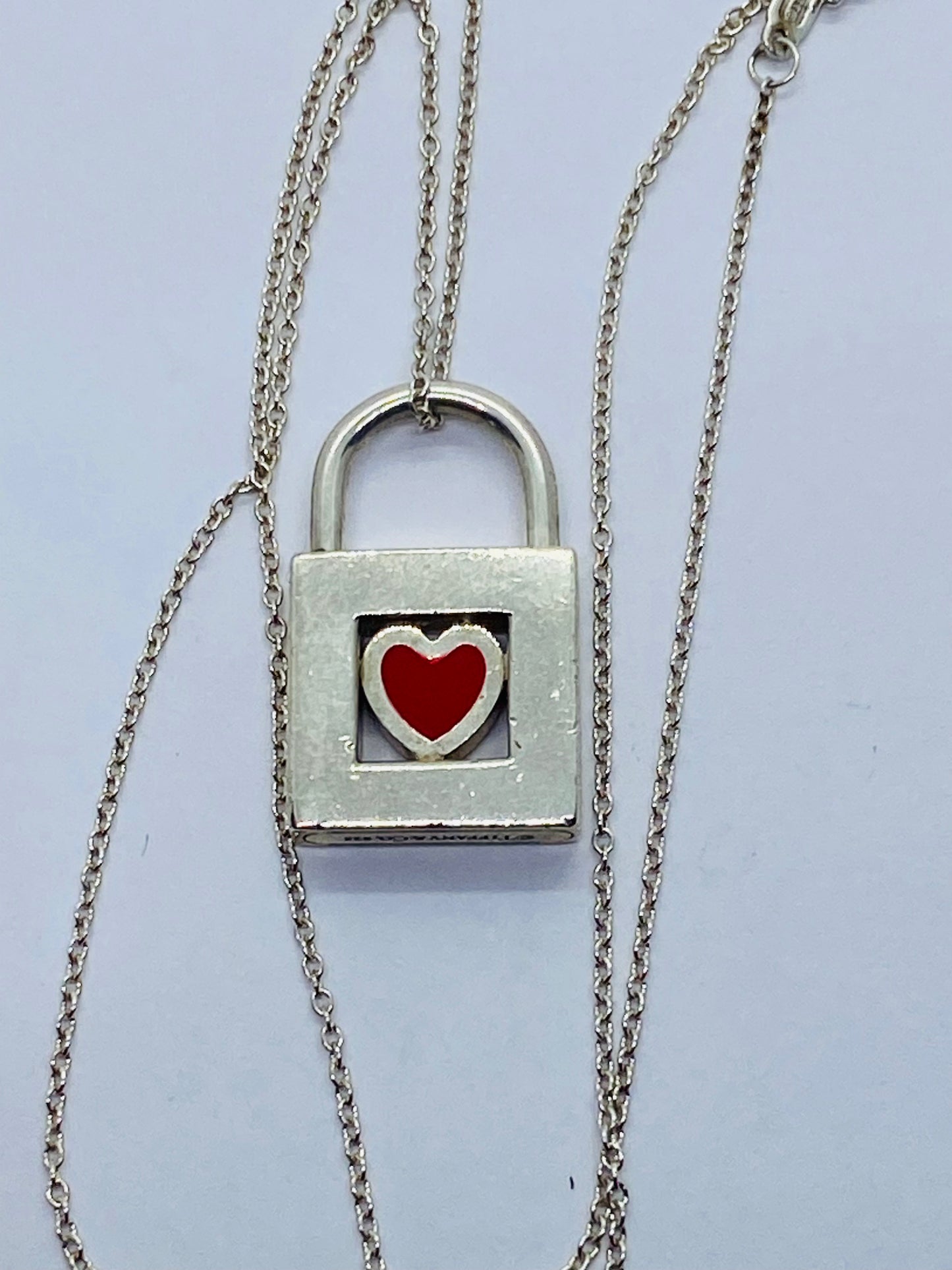 TIFFANY & CO. Red Heart Padlock Charm Sterling Silver Pendant Necklace 16”