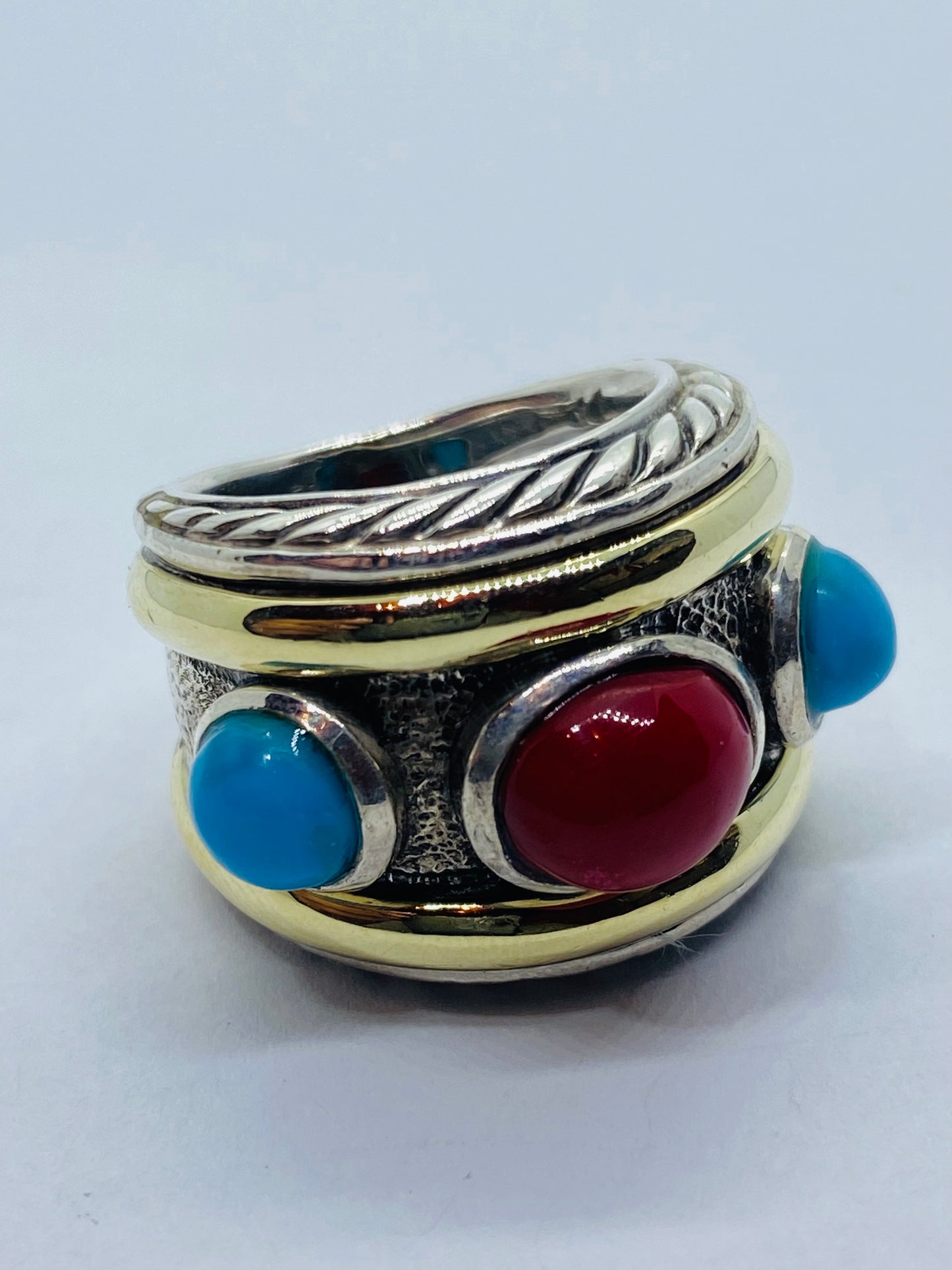 DAVID YURMAN 14K Gold Sterling Silver Turquoise Carnelian Renaissance Ring 5