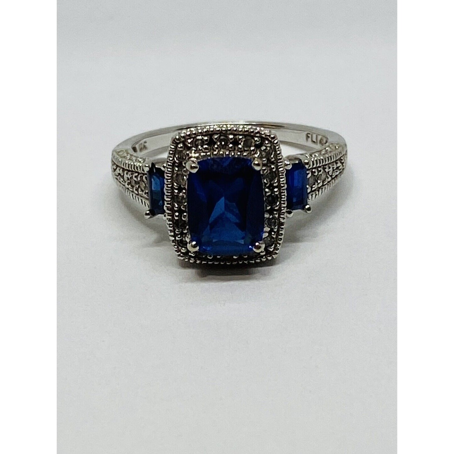 10k White Gold  Blue Sapphire & Diamond Halo Ring Signed FLI Size 6.75