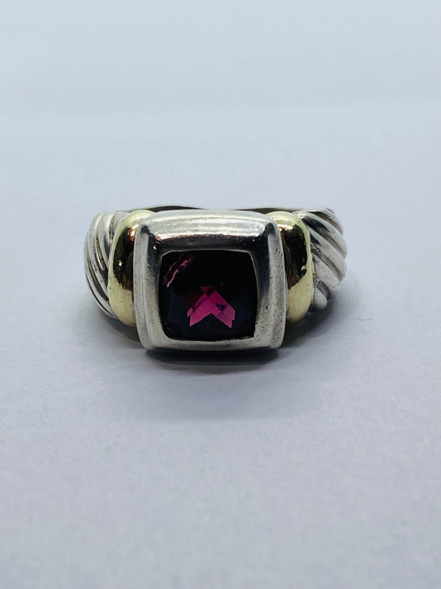 DAVID YURMAN - Sterling Silver 14k Gold & 8mm Garnet Noblesse Ring, Size 5.5