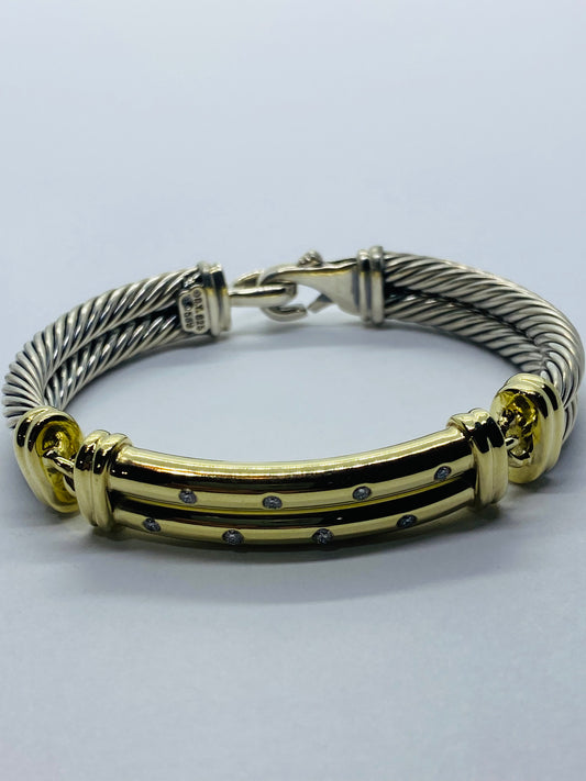 $4,000 David Yurman 14K Yellow Gold Silver Diamond Metro Double Cable Bracelet M