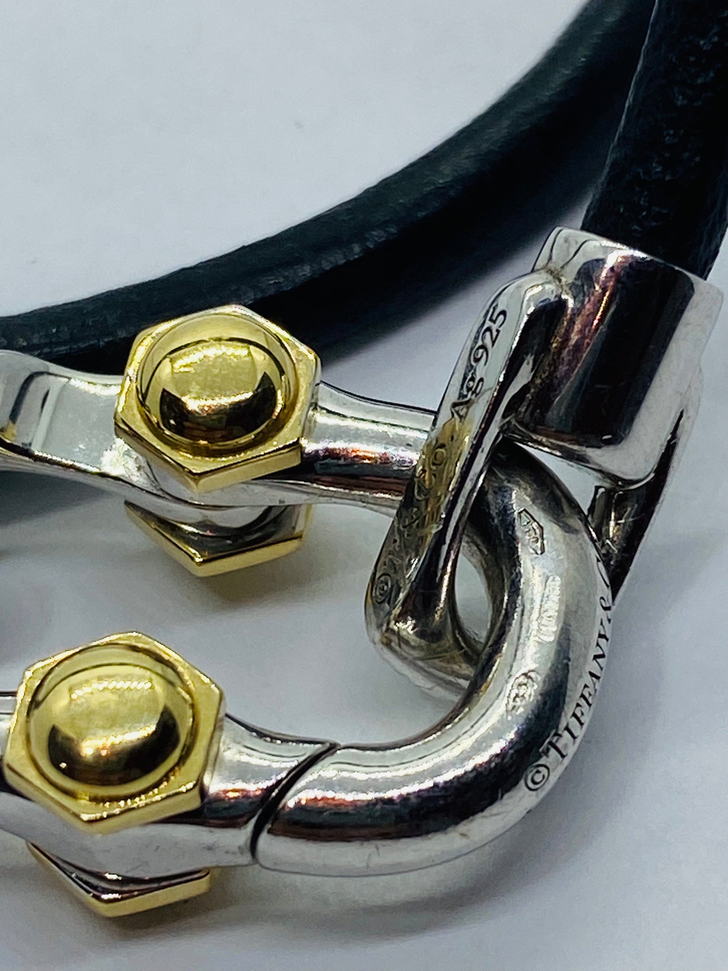 Tiffany & co. 1837 Makers Black leather cord Sterling and 18k Bracelet 14.25”