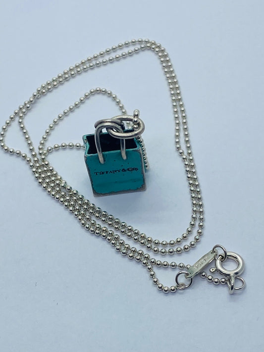 Tiffany & Co Sterling Silver Blue Enamel Shopping Bag Charm Pendant 20”