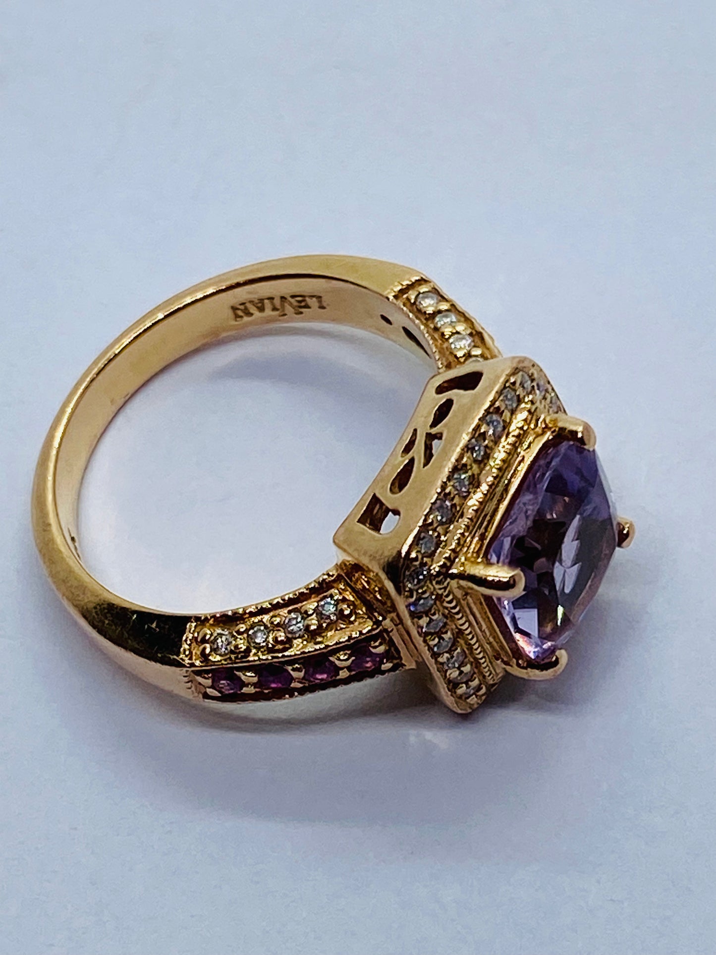 LeVian 14K Rose Gold Amethyst Pink Sapphire Diamond Halo Cocktail Ring READ!