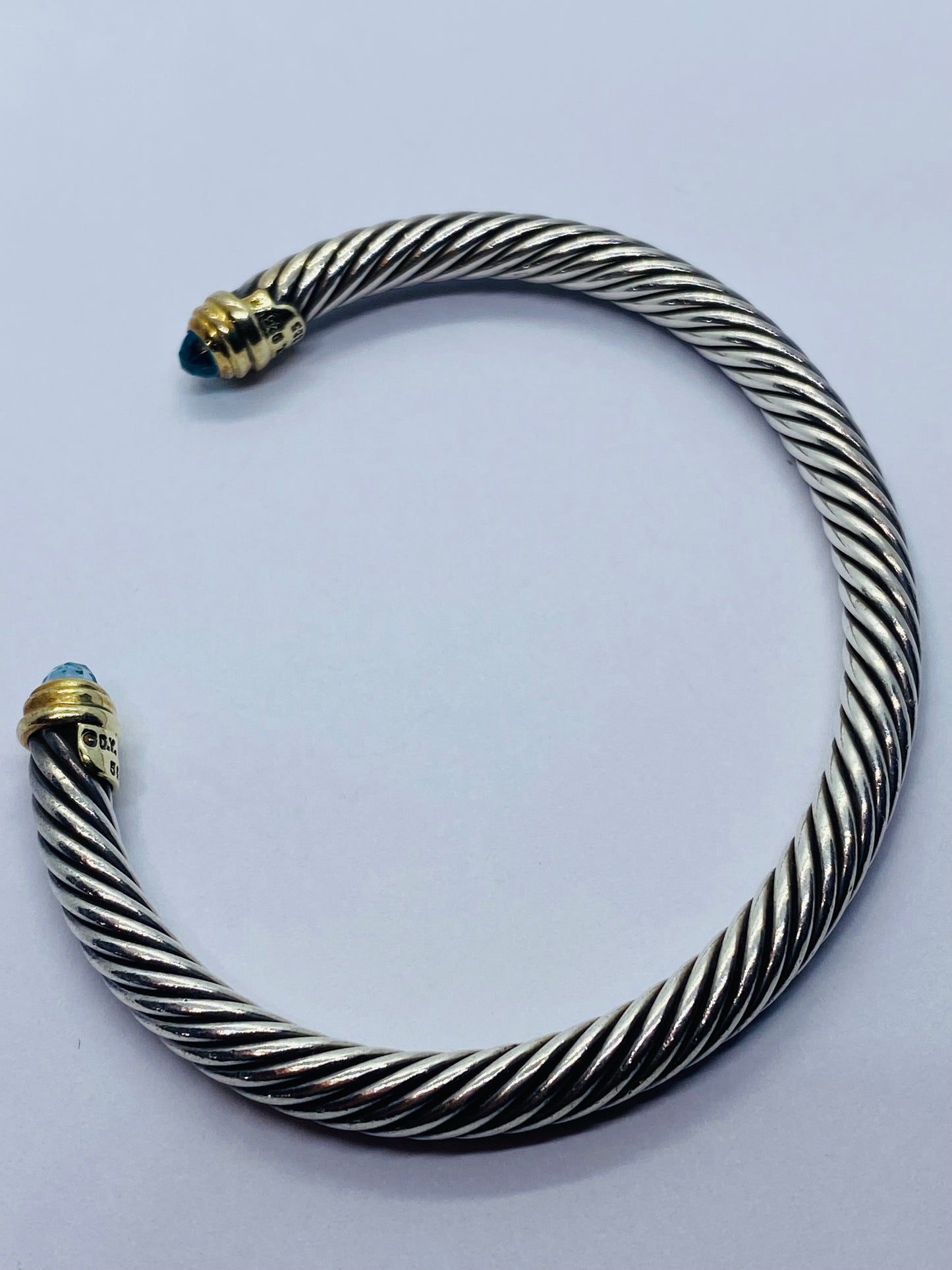 David Yurman Sterling Silver 14k Gold 5mm Cable Bangle Cuff Blue Topaz Bracelet
