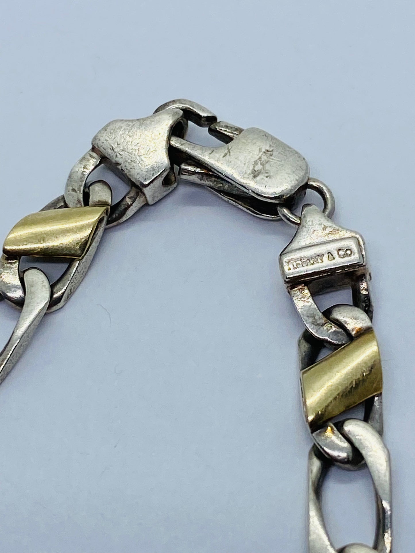 Tiffany & Co. Bracelet Sterling Silver 18k Gold Figaro Cuban Curb Link 7”
